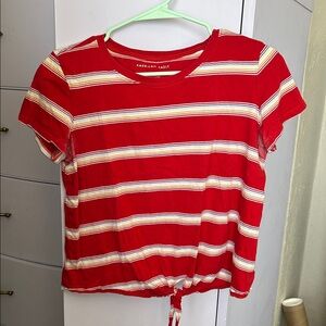 American Eagle Outfitters Red and Yellow Striped Tie-Front Tee